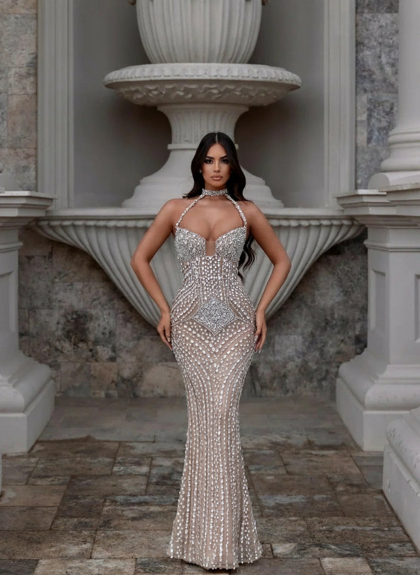 Luxury Crystal Beaded Evening Gown 2025 Sexy Sleeveless Party Dress Romantic Halter A-line Gown Evening Gown Customized