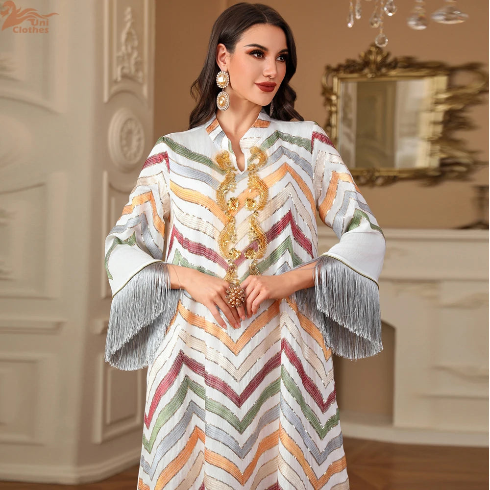 Ramadan Ethnic Saudi Women Abaya Elegant Embroidery Tassels Kaftan Clothing Jalabiya Moroccan African Dress 2025
