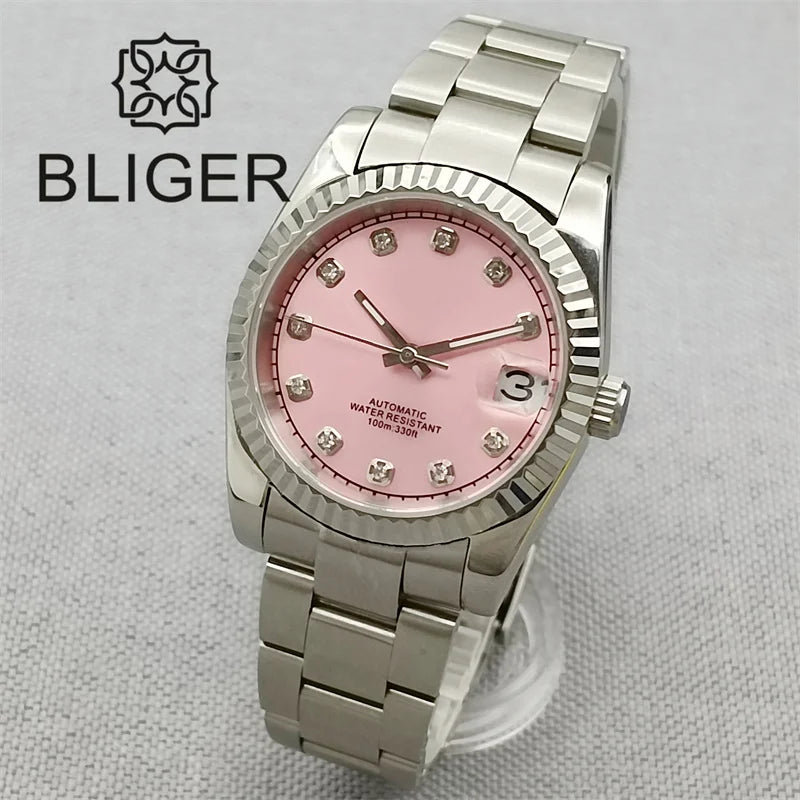 BLIGER 36mm Pink Dial WithDiamond Time Machenical Watch NH35 Automatic Movement Marks Steel Strap Silver Fluted Bezel Waterproof
