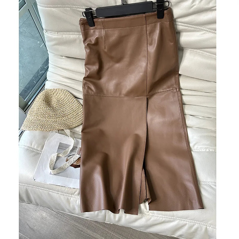 100% Real Leather Long Skirt Women 2024 New Fashion High Waist  Sexy Split Wrap Skirt Chic Ladies Sheepskin Pencil Skirts Luxury