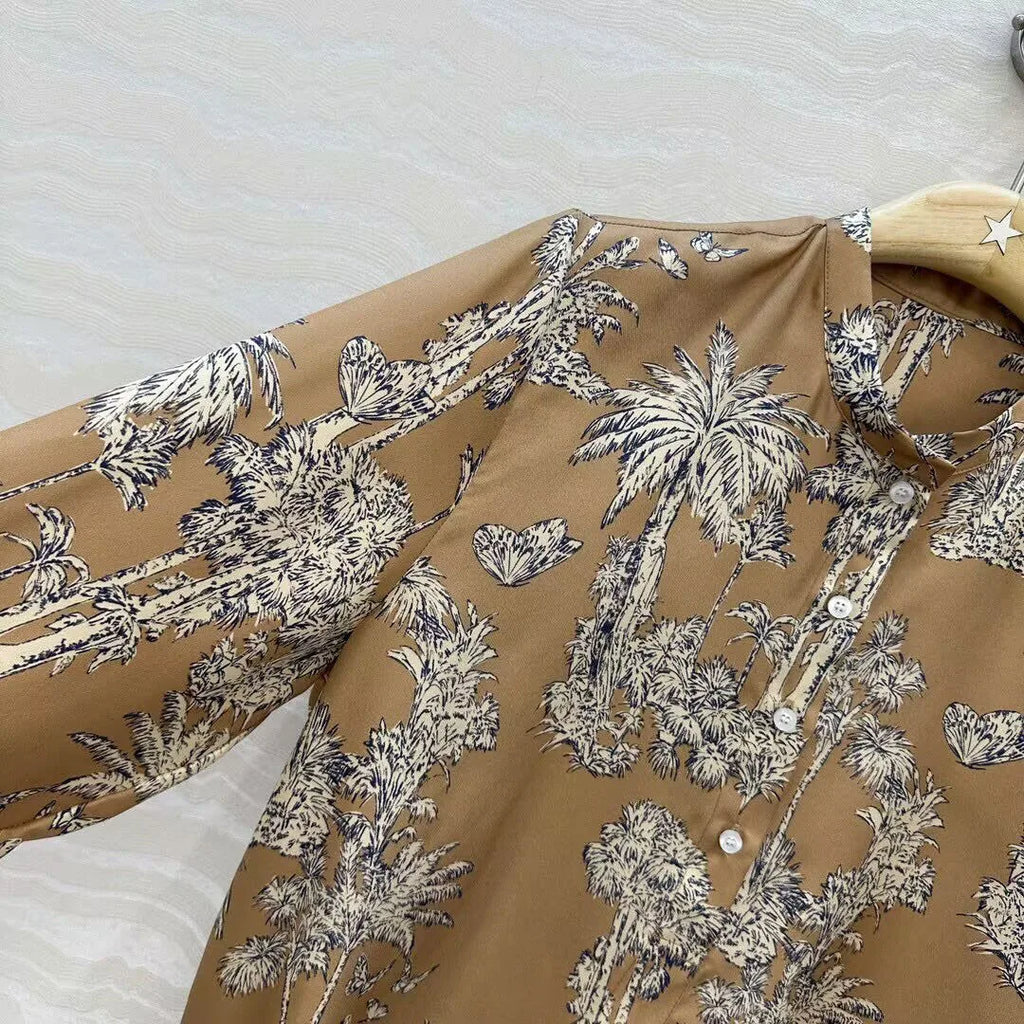 2025 New Autumn Vintage Coconut Tree Print Butterfly 100% Silk Long Shirt Women O-neck Long Sleeve Loose Casual Blouse Tops
