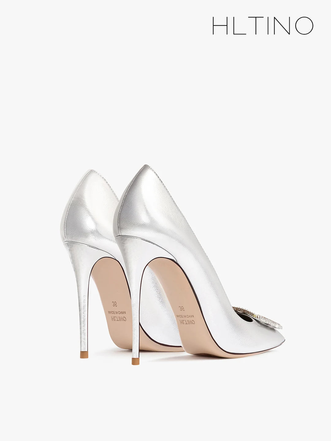 Silver Women Pumps Soft Comfortable Ladies High Heels Pointed Toe with Square Rhinestones Buckle Size 43 Wedding Shoes