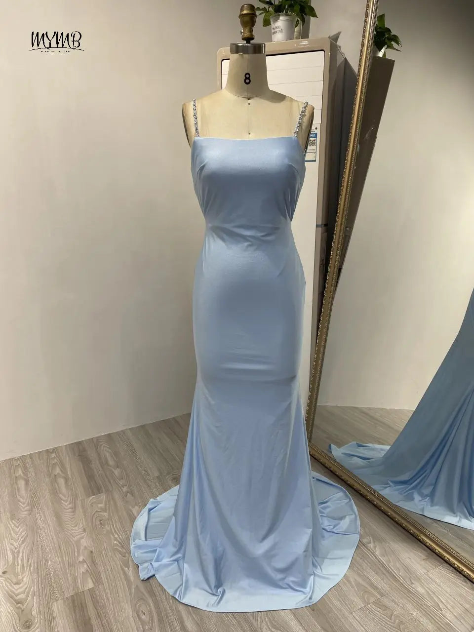 MYMB Blue Elegant Spaghetti Straps Mermaid Satin Girl Princess Dress Pleated Backless Evening Gowns for Wedding Party MC20028