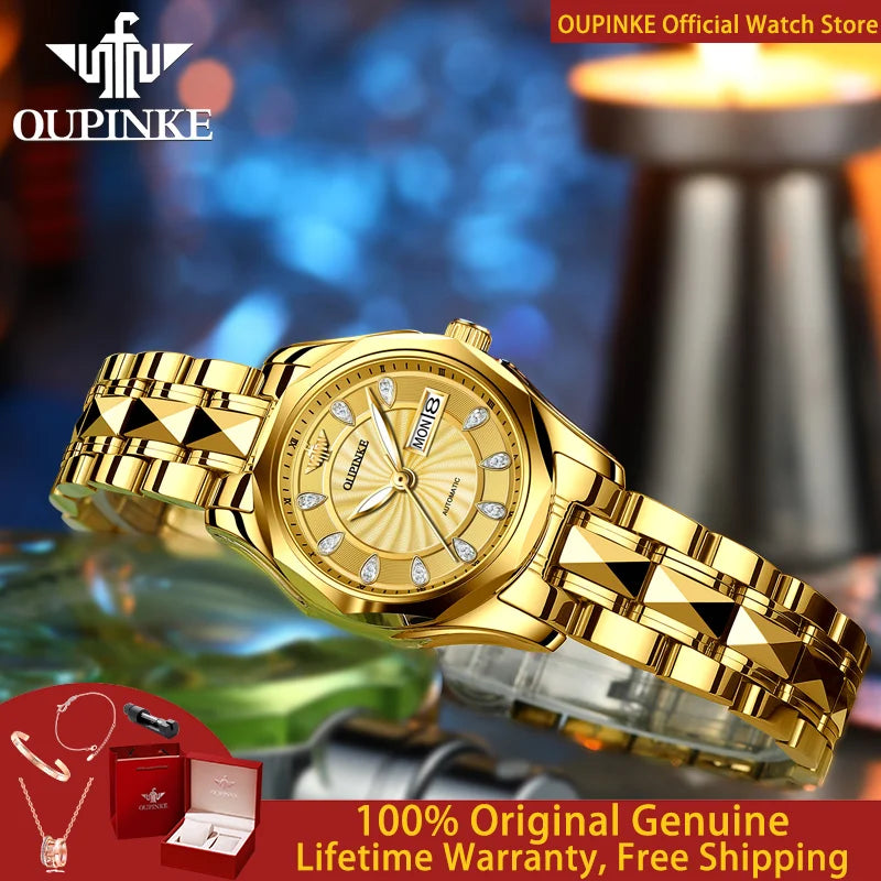 OUPINKE 3172 Fashion Simple Women Watch Gold Luxury Automatic Movement Mechanical Watch Business Calendar Elegant Women Watch