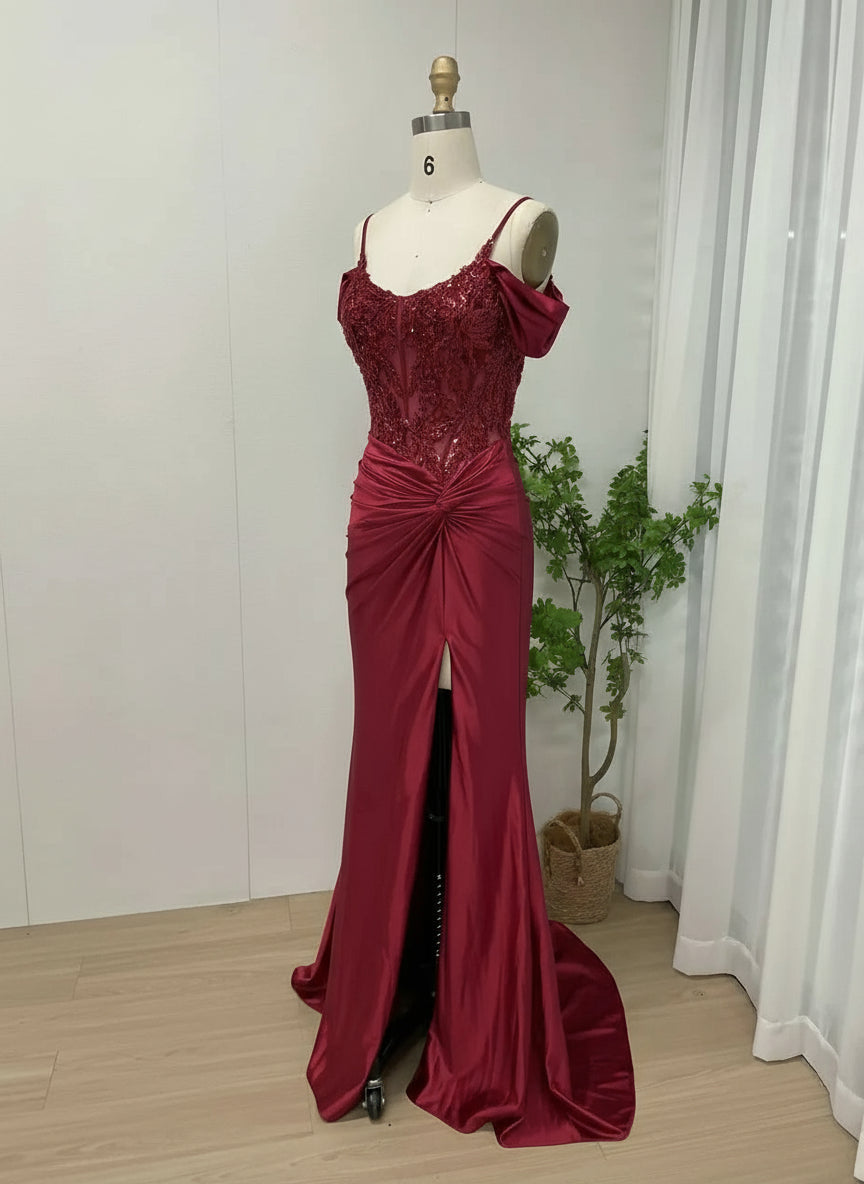 MYMB Wine Spaghetti Straps Women Sheath Bridesmaid Dresses Classic Off Shoulder High Slit Beaded Evening Gown vestidos de gala