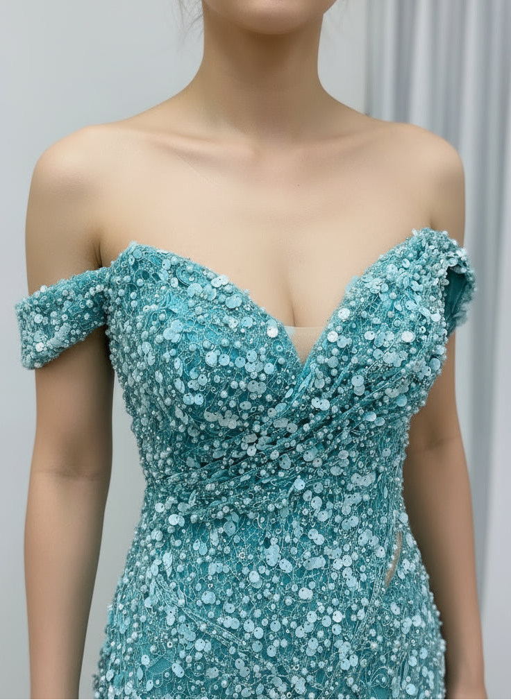 MYMB Elegant Blue Green Mermaid Gowns With High Split Sequin Formal Dresses Ruched Detailing Beading Natural Waistline MY30172
