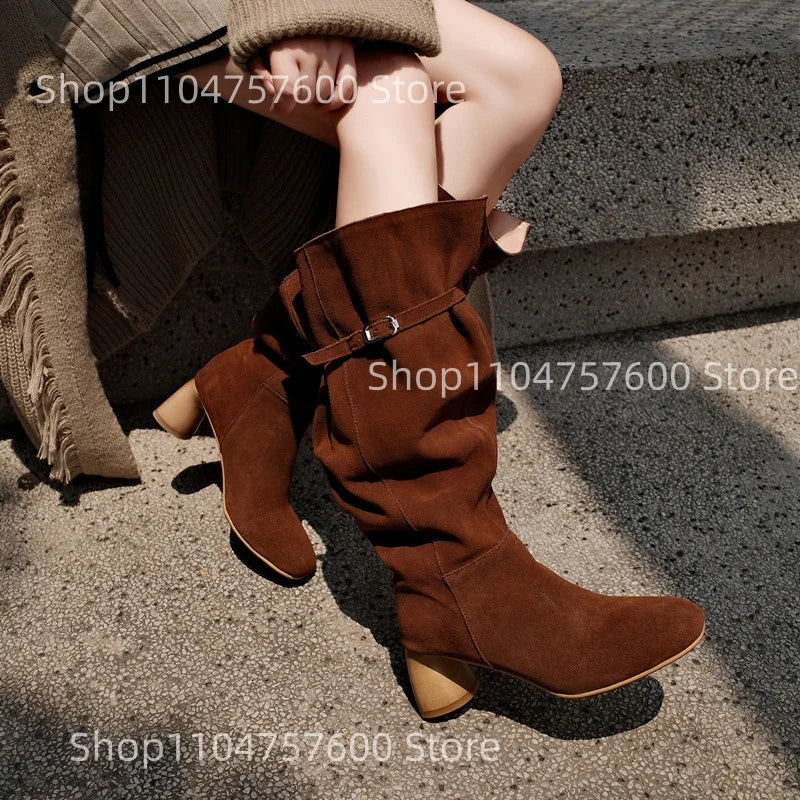 Women's Suede Over The Knee Boots Buckle Strap Design Chunky Heel Elegant Boot Chunky Heel Autumn Casual Ladies Retro Botas