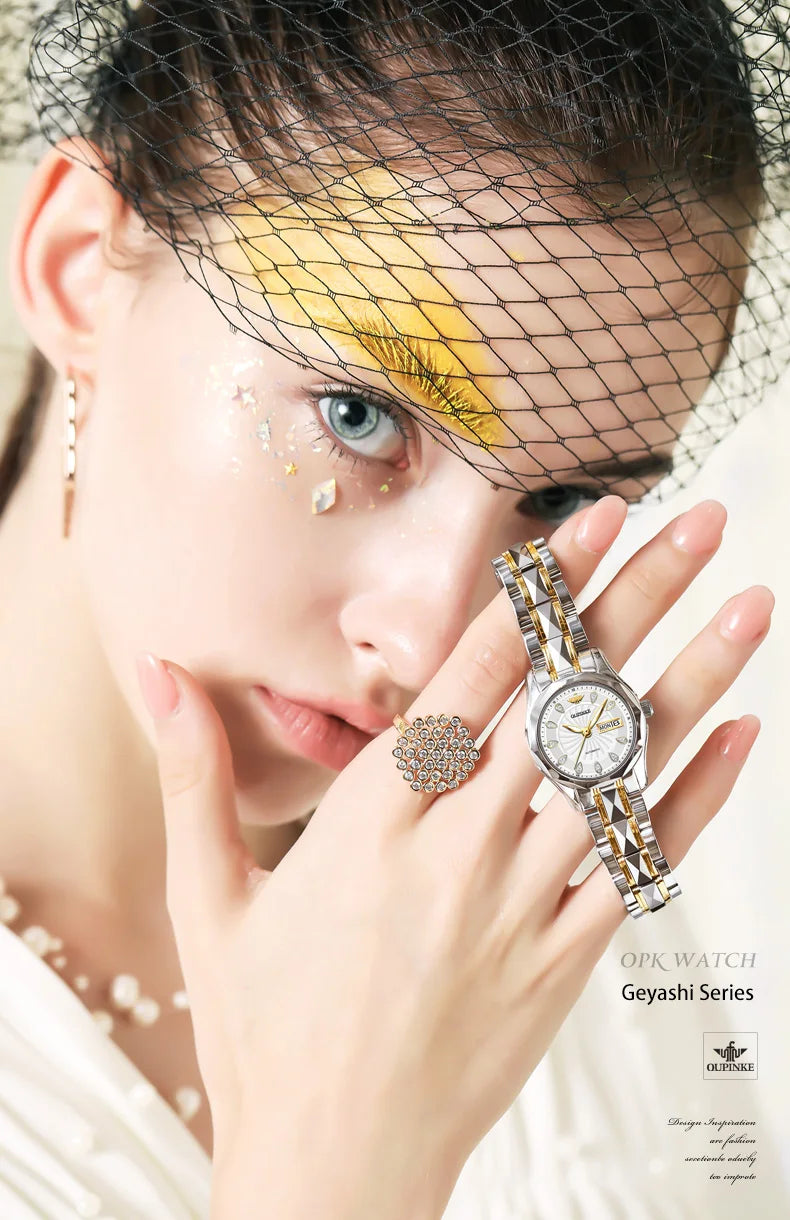 OUPINKE 3172 Fashion Simple Women Watch Gold Luxury Automatic Movement Mechanical Watch Business Calendar Elegant Women Watch