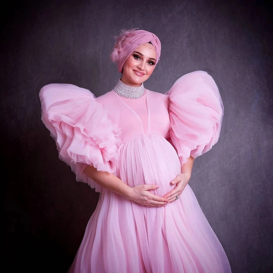 Elegant Arabic Muslim Pink Tulle Maternity Dresses for Photo shoot Long Sleeves High Neck Pregnancy Gown Babyshower Robes Liner