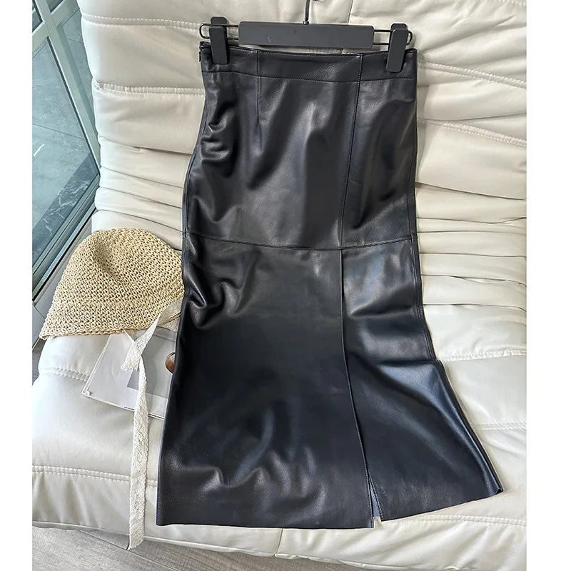 100% Real Leather Long Skirt Women 2024 New Fashion High Waist  Sexy Split Wrap Skirt Chic Ladies Sheepskin Pencil Skirts Luxury