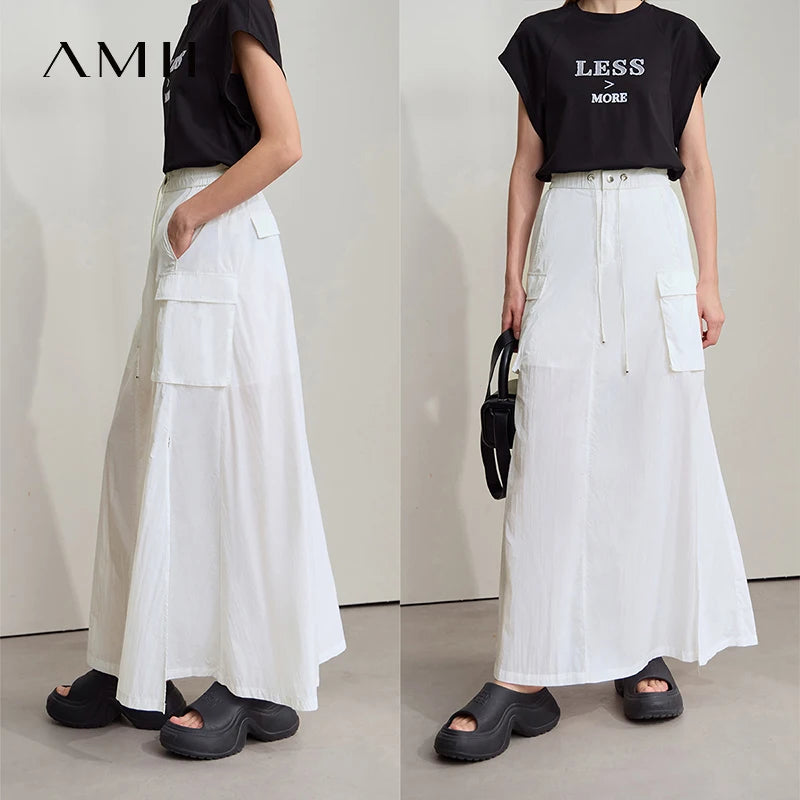 AMII Vacation Long Skirt 2025 Summer Women Loose Sun Protection Office Lady Solid Pockets Elastic Waist Cord Slit Skirt 12542106