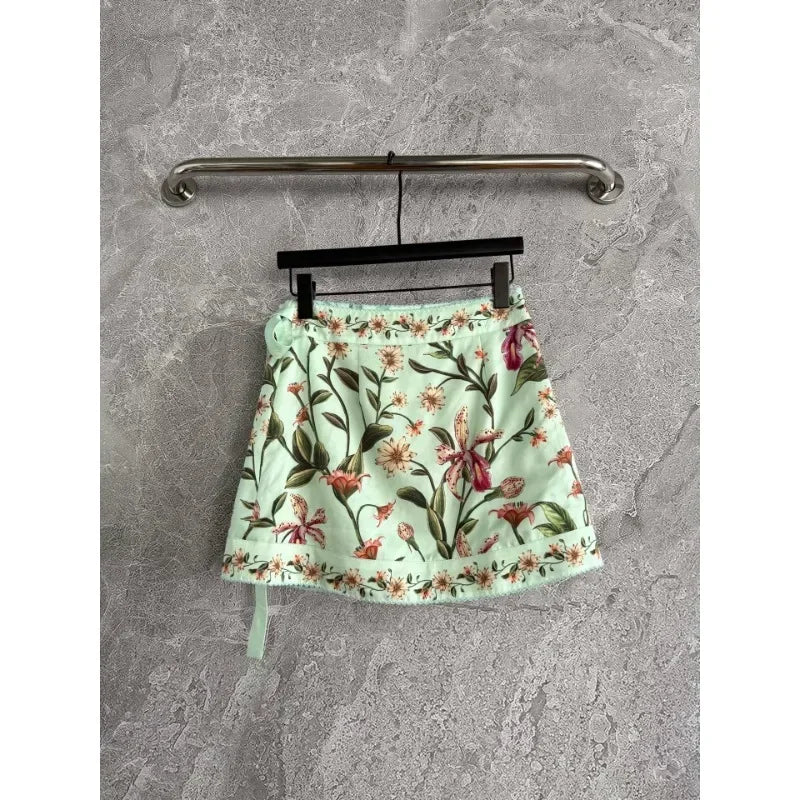 Green Floral Print Mini  Skirt 2025 and Dresses Skirt