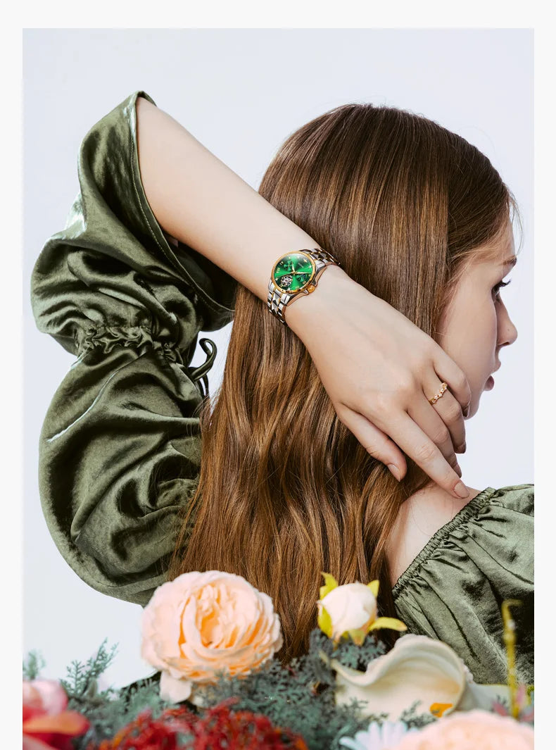 OUPINKE 3202 Women Watch Original Tungsten Steel Moon Phase Waterproof Watch Luxury Swiss Brand Women Automatic Mechanical Watch