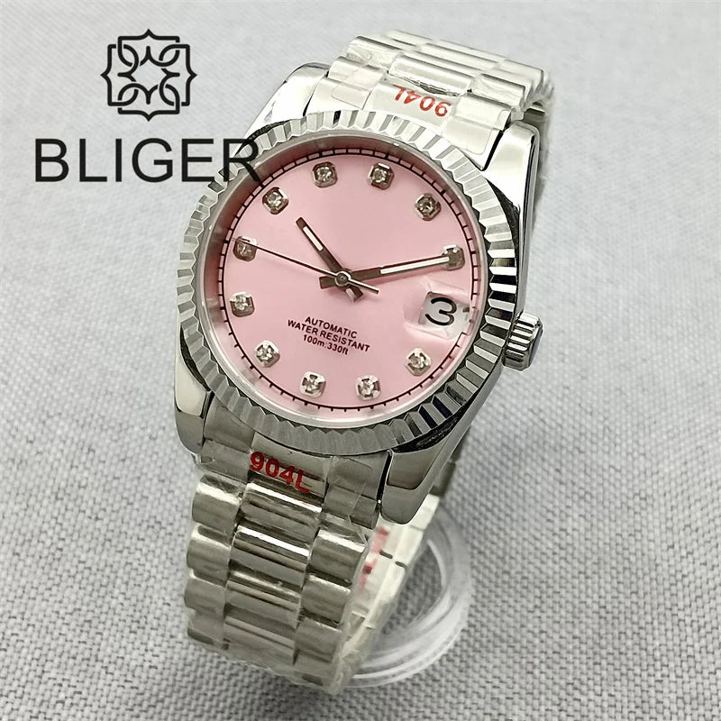 BLIGER 36mm Pink Dial WithDiamond Time Machenical Watch NH35 Automatic Movement Marks Steel Strap Silver Fluted Bezel Waterproof