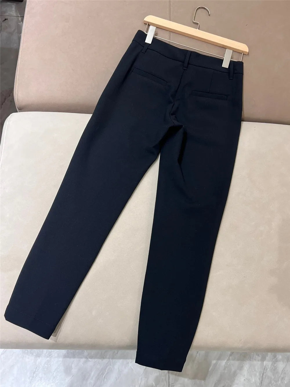 Worsted Wool Four Side Stretch Straight pants Black Casual Suit Trousers Women New B C