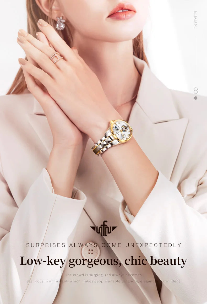 OUPINKE 3202 Women Watch Original Tungsten Steel Moon Phase Waterproof Watch Luxury Swiss Brand Women Automatic Mechanical Watch