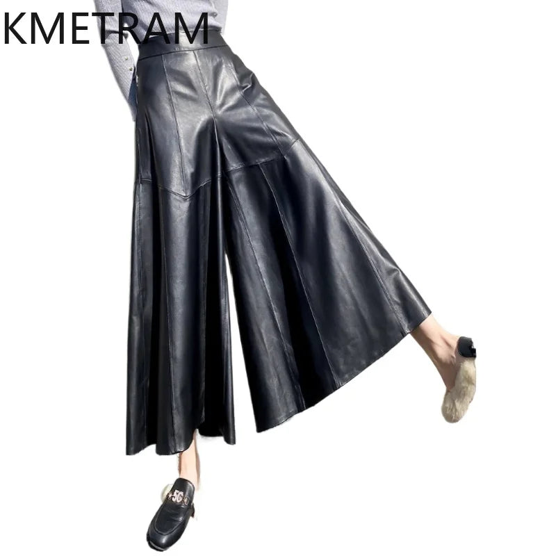 KMETRAM 100% Top Layer of Sheepskin Women Pants Autumn 2025 High Waisted Pants Genuine Leather Wide Leg Trousers Woman Clothes