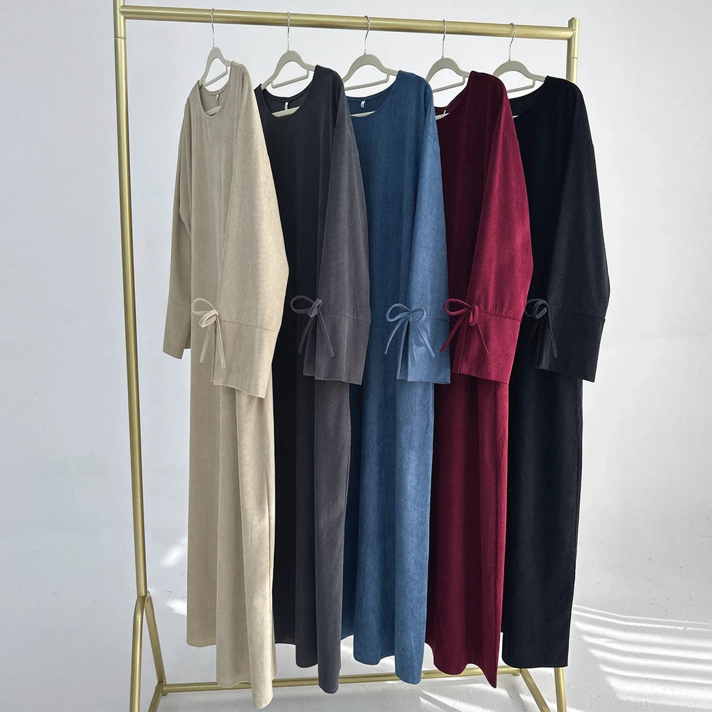 Bowknot Decorations Corduroy Abaya Muslim Women Dress O Neck Side Pockets Warm Loose Modest Islam Hijabi Robe Ramadan Autumn