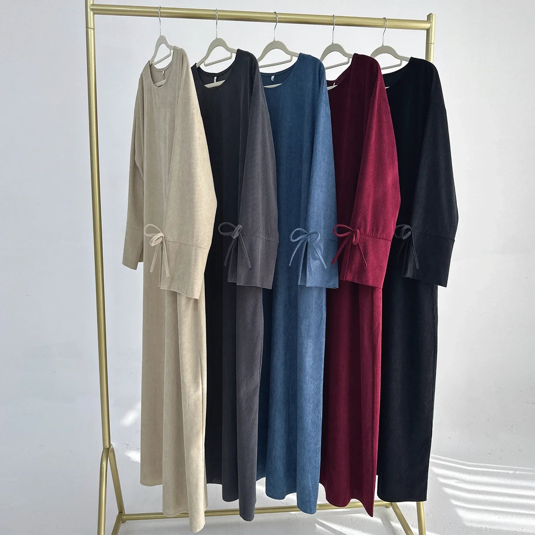 Bowknot Decorations Corduroy Abaya Muslim Women Dress O Neck Side Pockets Warm Loose Modest Islam Hijabi Robe Ramadan Autumn