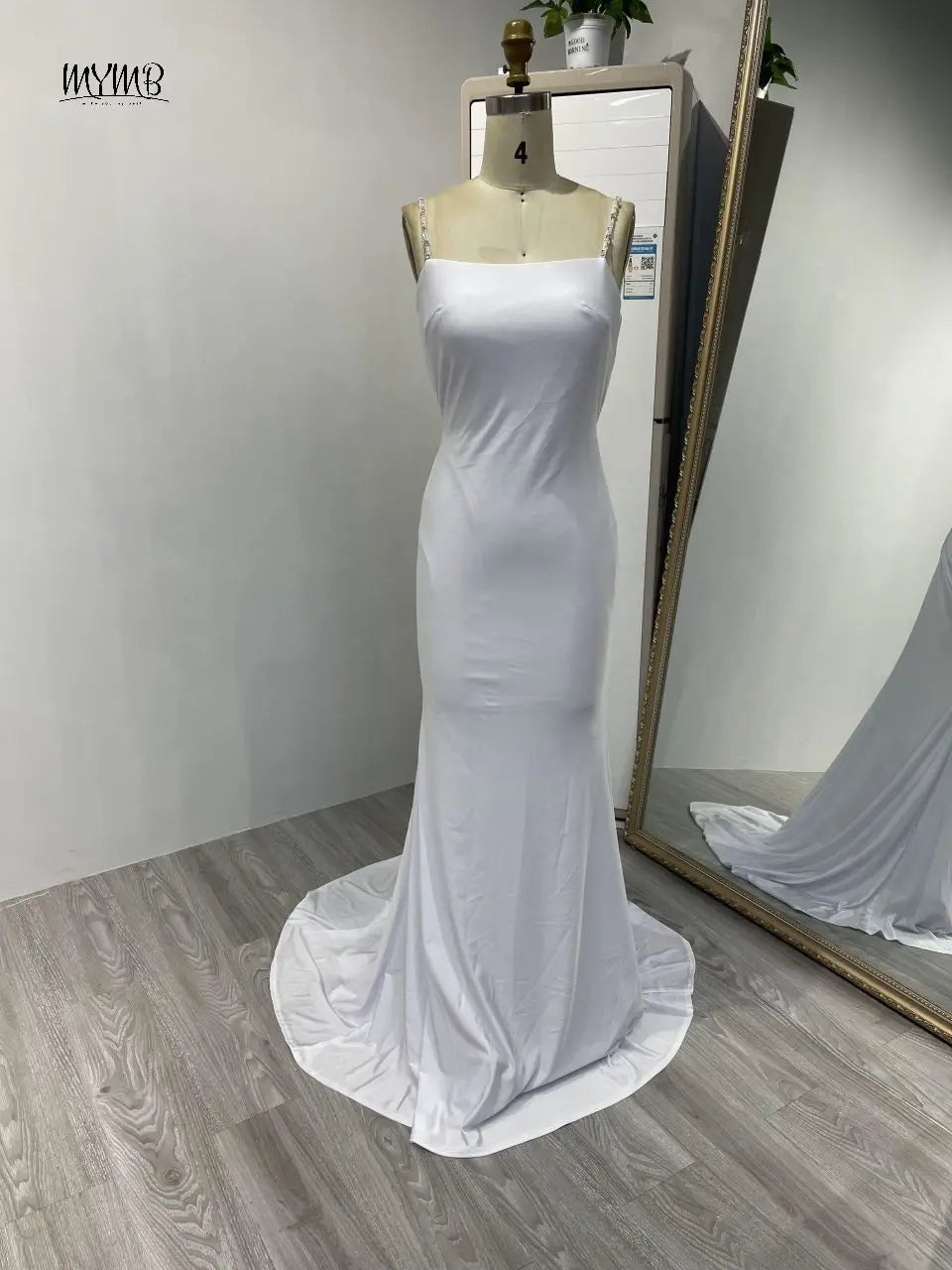 MYMB Blue Elegant Spaghetti Straps Mermaid Satin Girl Princess Dress Pleated Backless Evening Gowns for Wedding Party MC20028