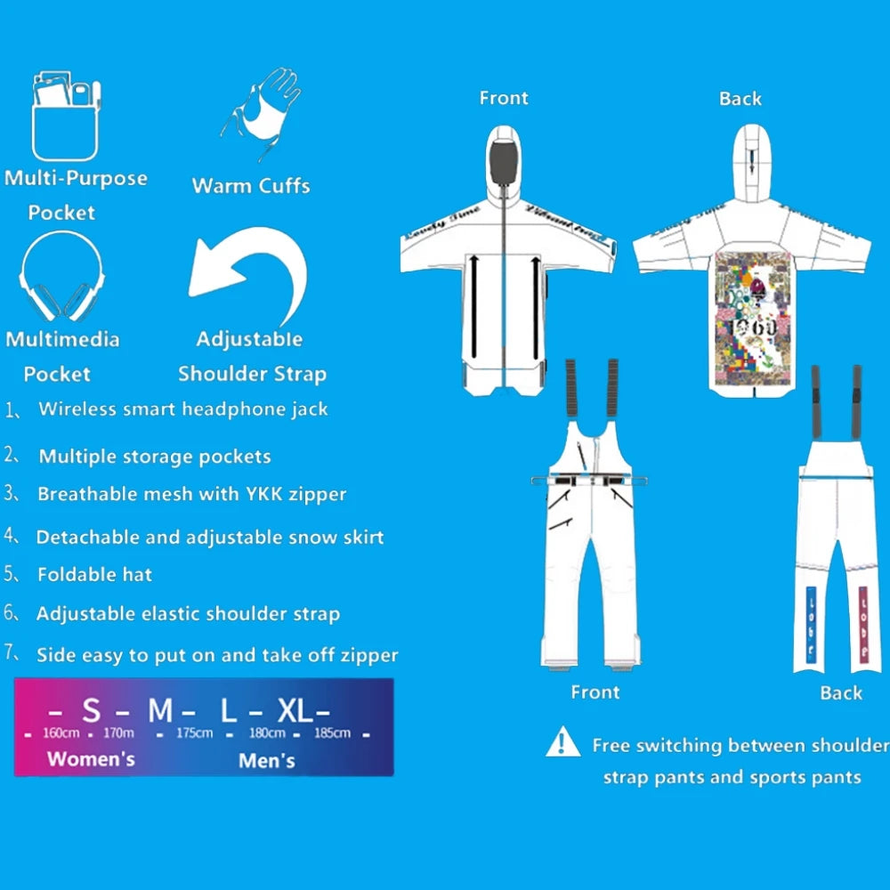 New Women's Waterproof Ski Suit Set Winter Sports Unisex White Clothes Fashion Print Snow Jacket Adjustable Shoulder Strap Pants
