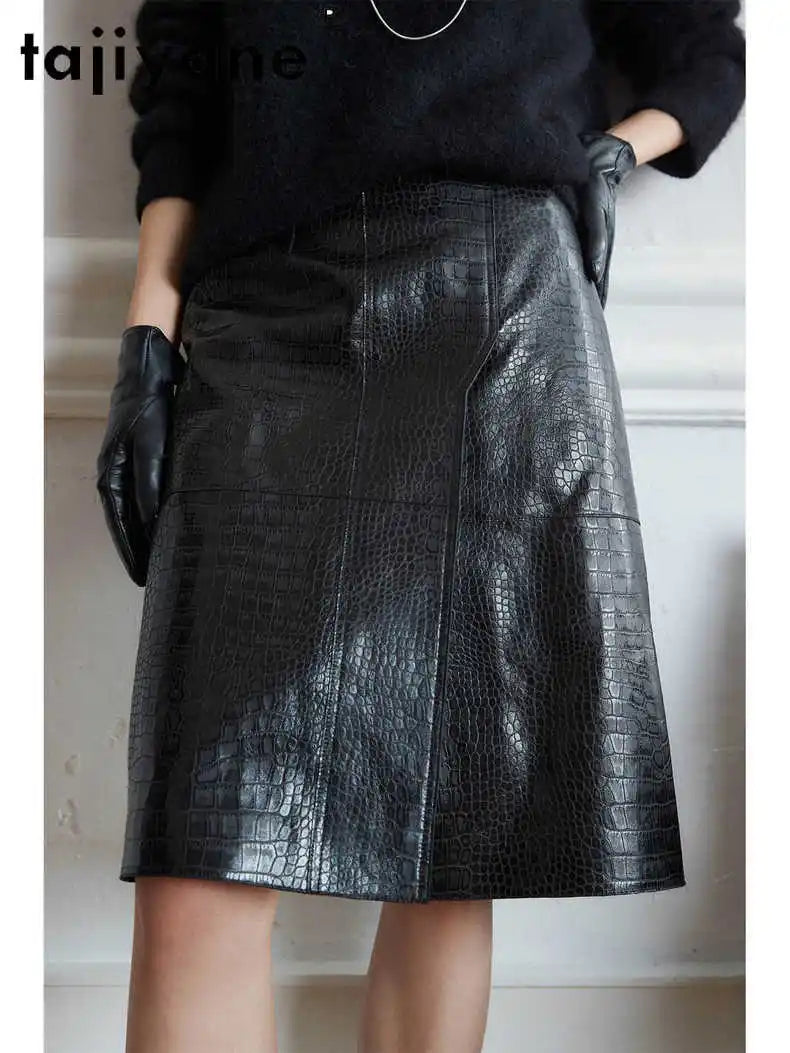 TAJIYANE Genuine Leather Black Skirt Real Sheepskin Crocodile Patterned Skirts for Woman 2025 Spring Women Clothing кожаная юбка
