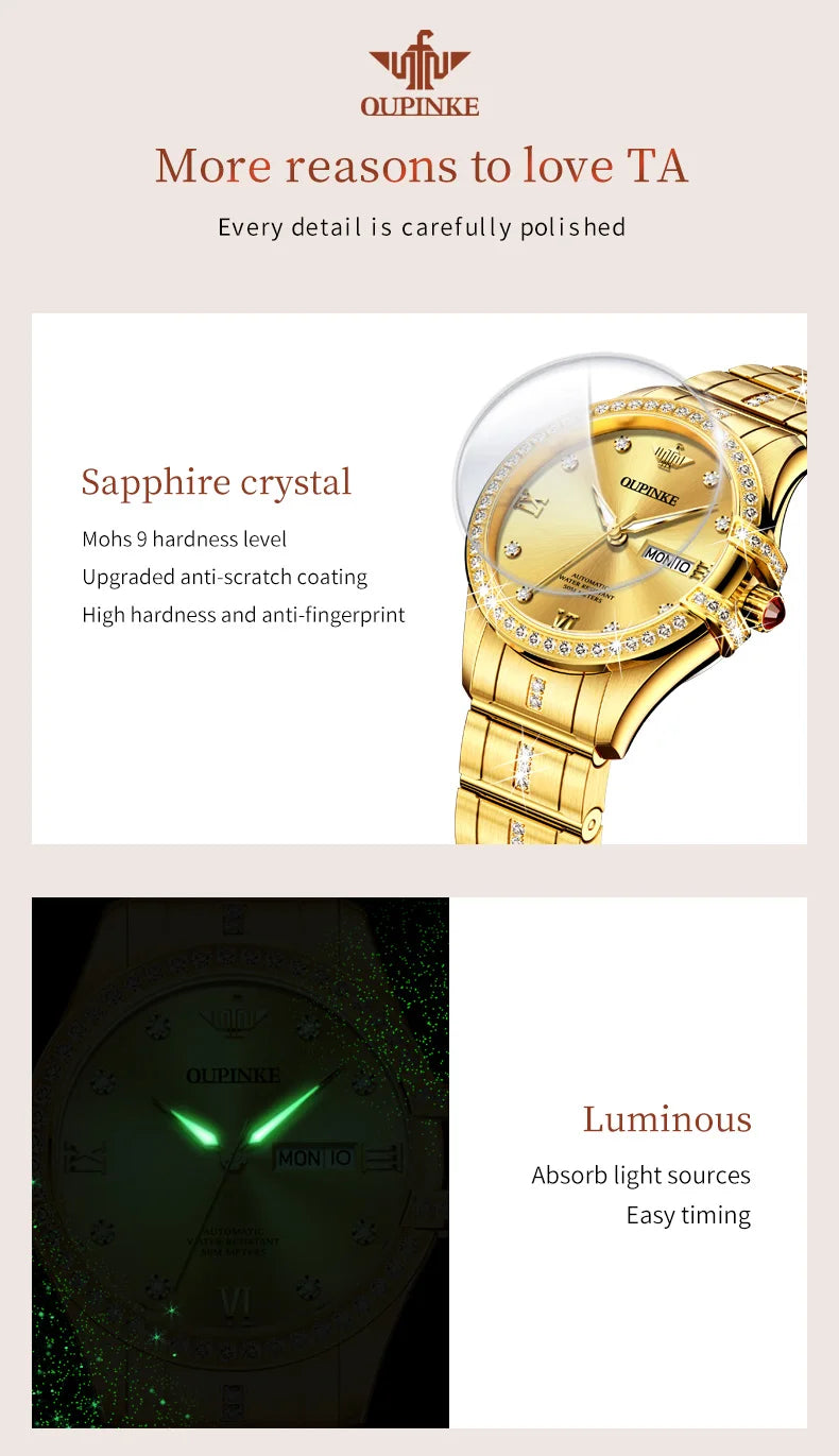 OUPINKE 3195 Japan Imported Automatic Movement Mechanical Watch for Women Diamond Ladies Watch Waterproof Dual Calendar Watch
