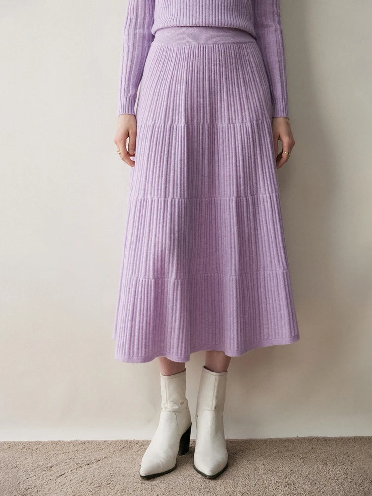 100% Cashmere Knitted Skirt Autumn Winter Women Elegant Tiered Pleats Slim A-line High Waisted Soild Office Lady Dress High-end