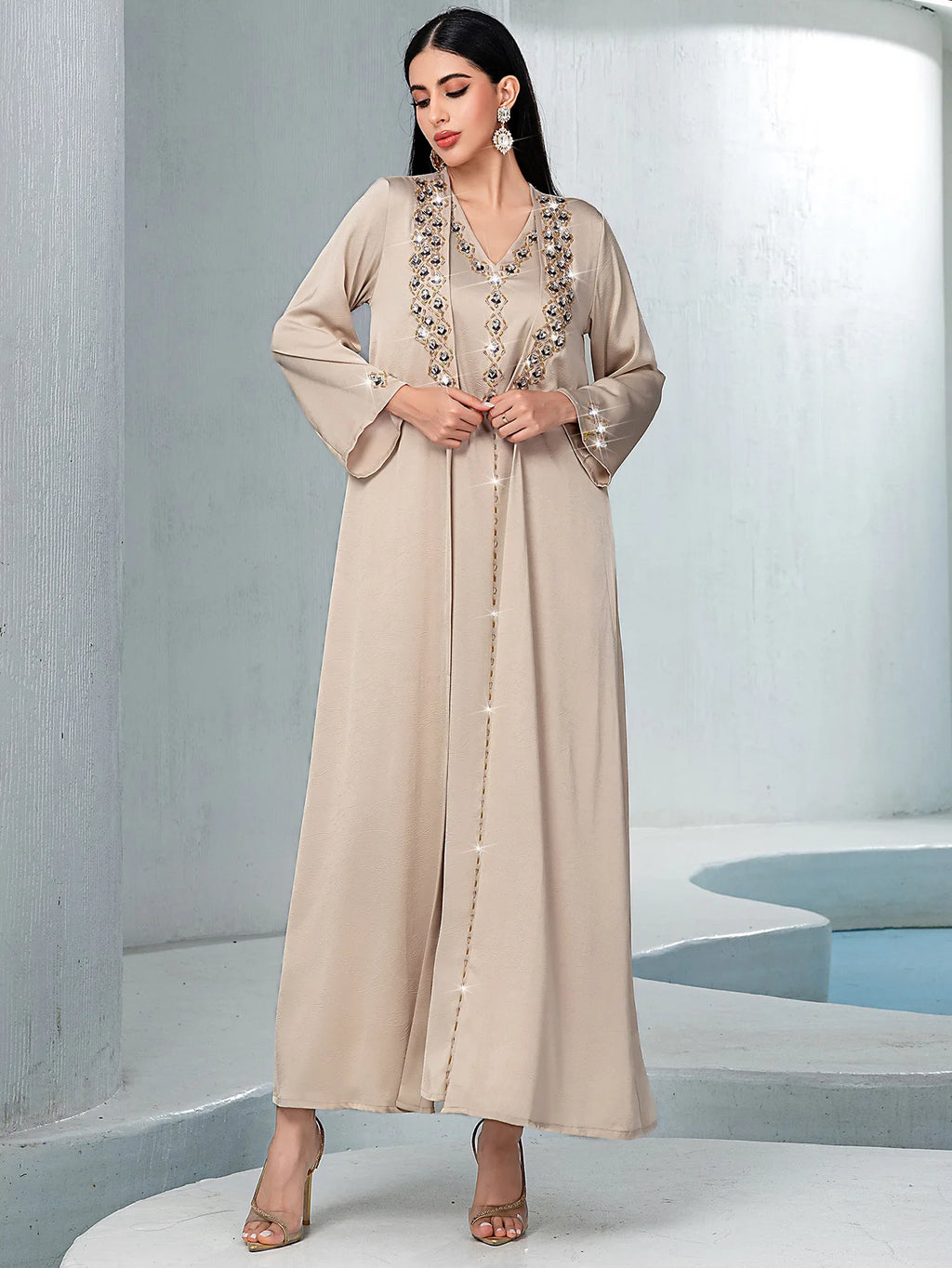 Dubai Diamonds Abayas for Women Muslim Dress 2pcs Set Kimono Jalabiya Kebaya Caftan Marocain Femme Robe Islam Clothing Vestidos