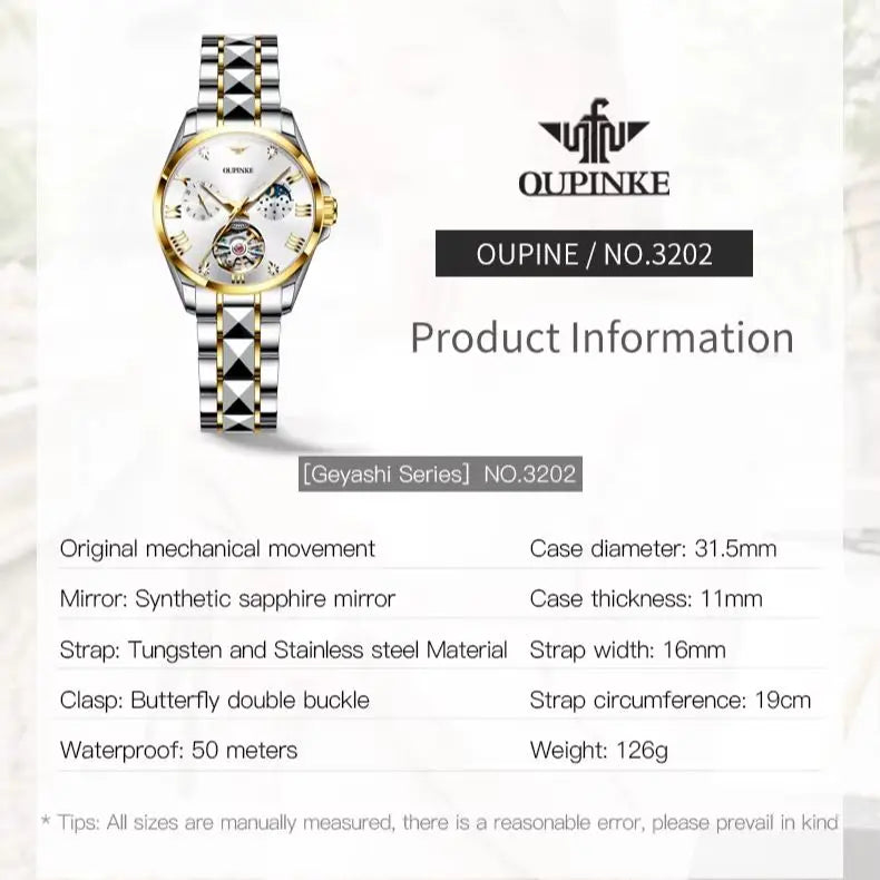 OUPINKE 3202 Women Watch Original Tungsten Steel Moon Phase Waterproof Watch Luxury Swiss Brand Women Automatic Mechanical Watch