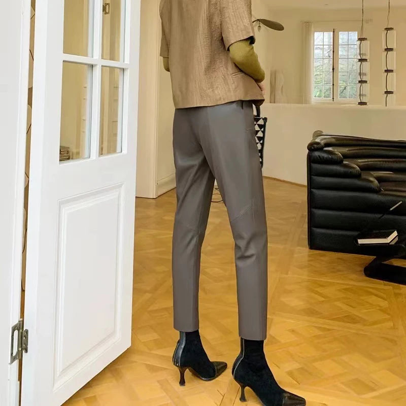 Genuine Leather Pantalon Pour Femme Sheepskin Elastic Waist Drawstring Black/Gray Cropped Trousers Straight Leg Pencil Pants