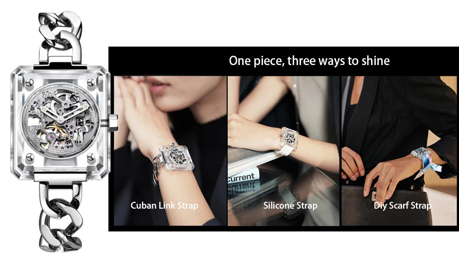 CIGA Design X Series Automatic Movement Couple Watches for Men Women White Ceramic Luminous Skeleton Mechanical Wristwatches