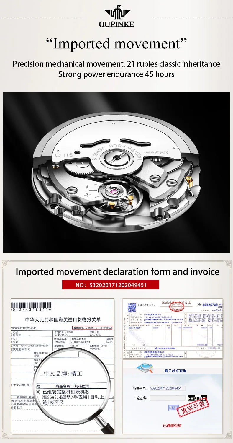 OUPINKE 3172 Fashion Simple Women Watch Gold Luxury Automatic Movement Mechanical Watch Business Calendar Elegant Women Watch