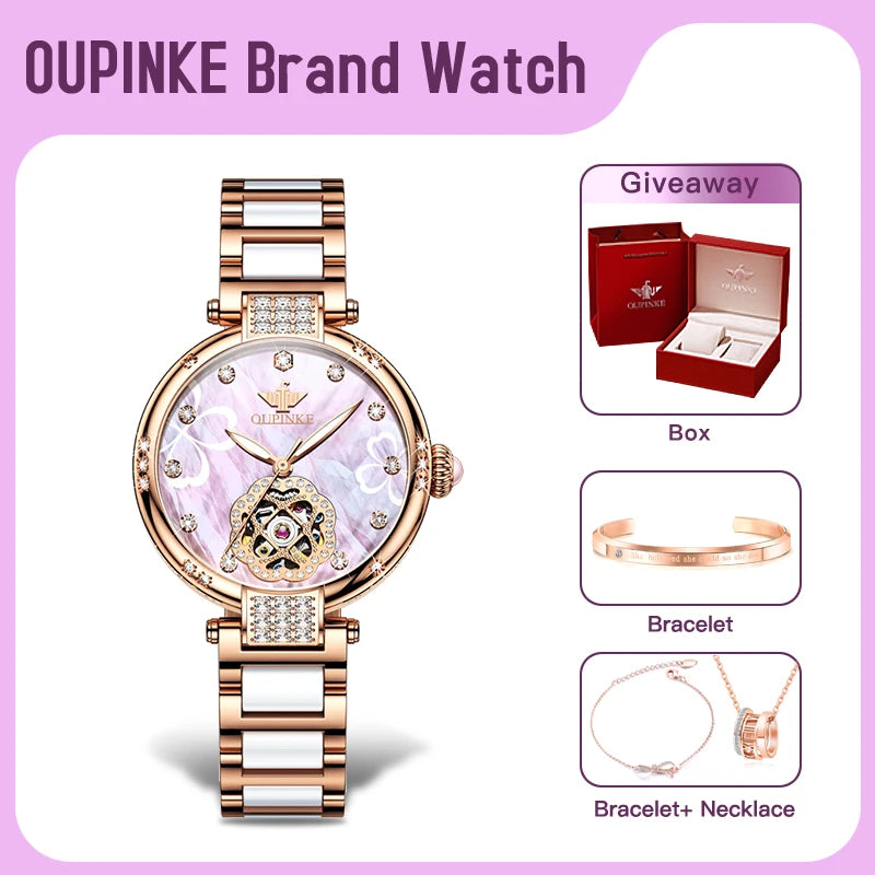 OUPINKE 3183 Women Watch Top Luxury Brand Automatic Mechanical Tungsten Steel Watchstrap Waterproof Gift Box Watches For Women