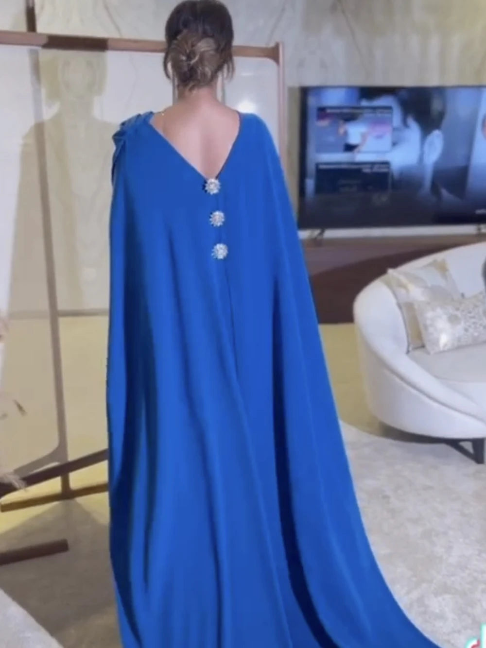 Modest Blue Jumpsuits Luxurious Crystals Prom Muslim High Quality Open Back Evening Dress Women Banquet Formal Occasions Wear