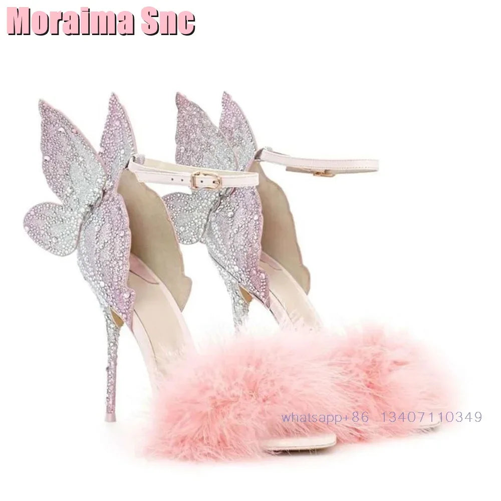 2025 New Back Butterfly Decor Wedding Shoes Bridal Sandals Stiletto High Heel Round Toe Ankle Buckle Bling Dress Shoes Banquet
