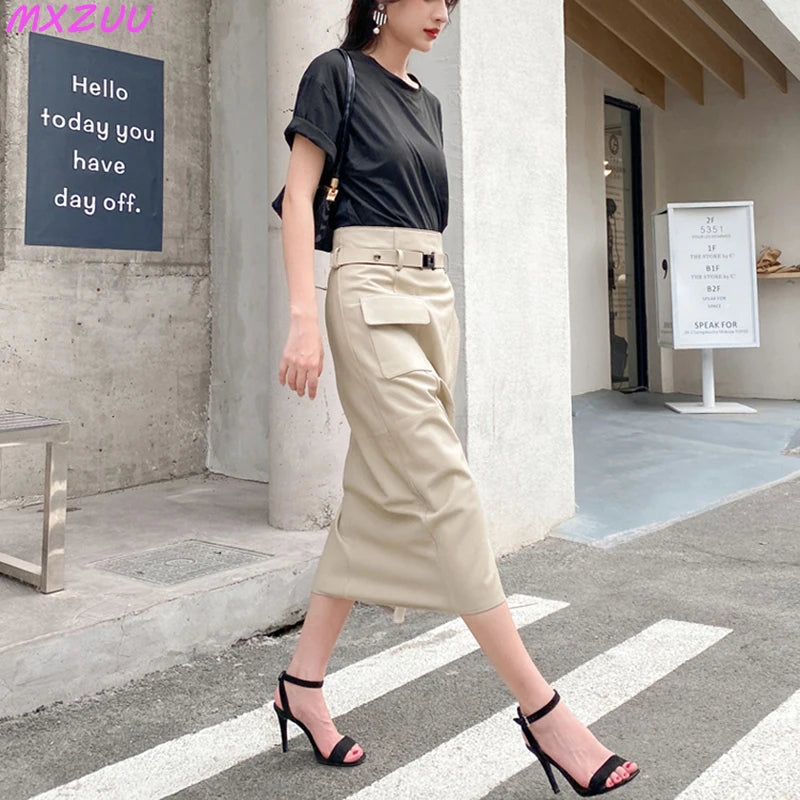 Women Clothes 2025 Spring Genuine Leather Falda Midi Mujer Sheepskin Beige High Waist A-line Maxi Skirt Front Slit Korean Style