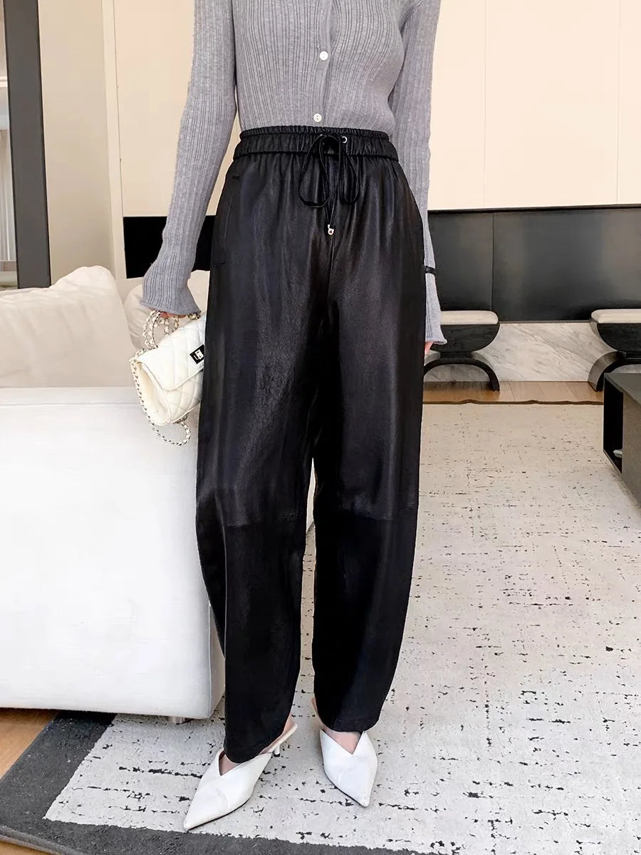 Luxury Genuine Leather Pants High Quality Women Elastic Waist Drawstring Trousers Wide Leg Pants