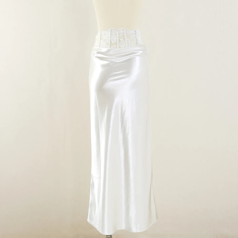 Lace Fishbone Patchwork Skirt for Women Y2k Side Zipper Elegant Slim Fit Business Casual Skirt for Autumn Winter 2025 New