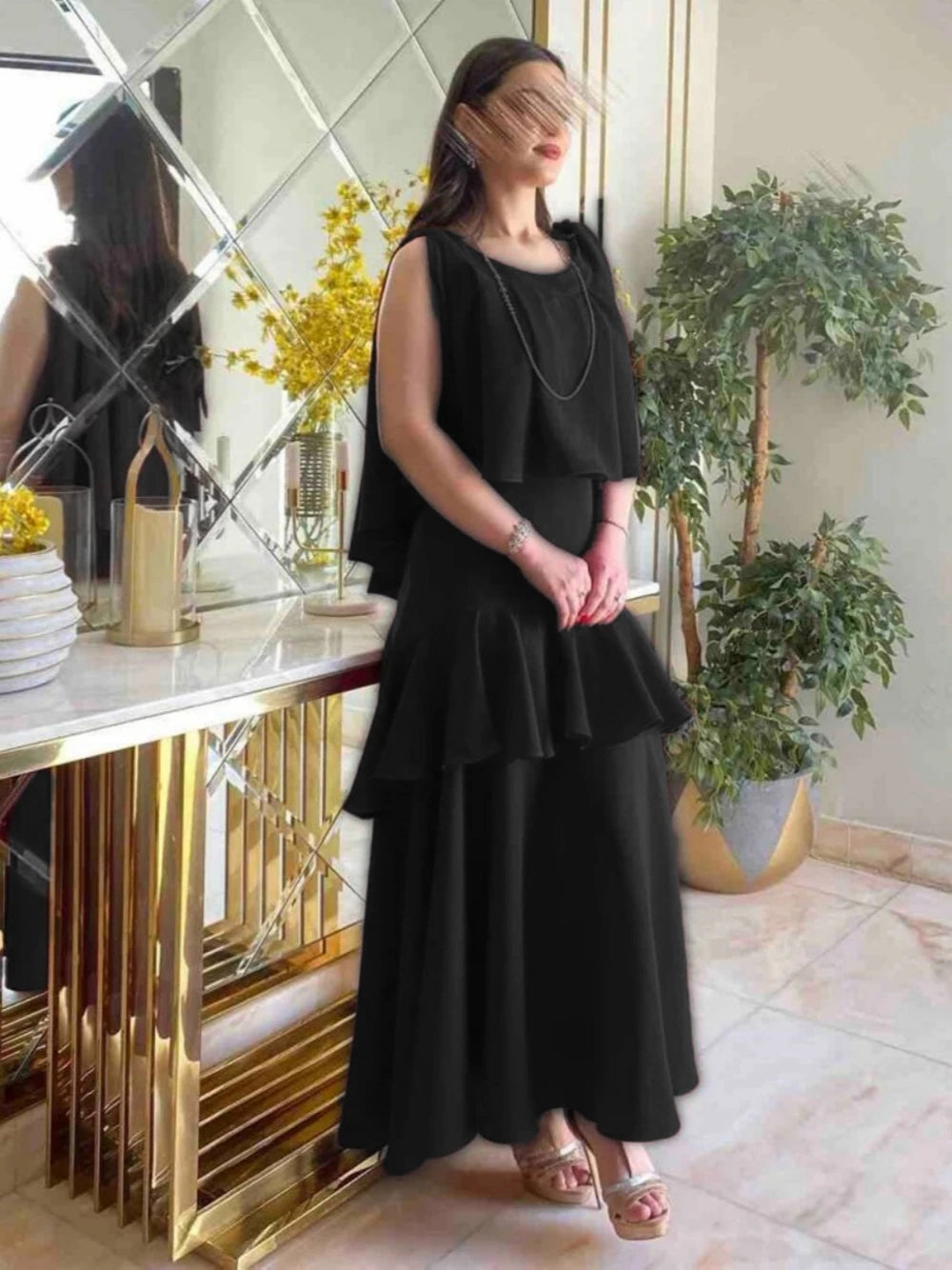 Sexy O Neck Tiered Casual Evening Dress Stylish Women Muslim Sleeveless Gown Fast Shipping Cocktail Charming A Line Prom Wear