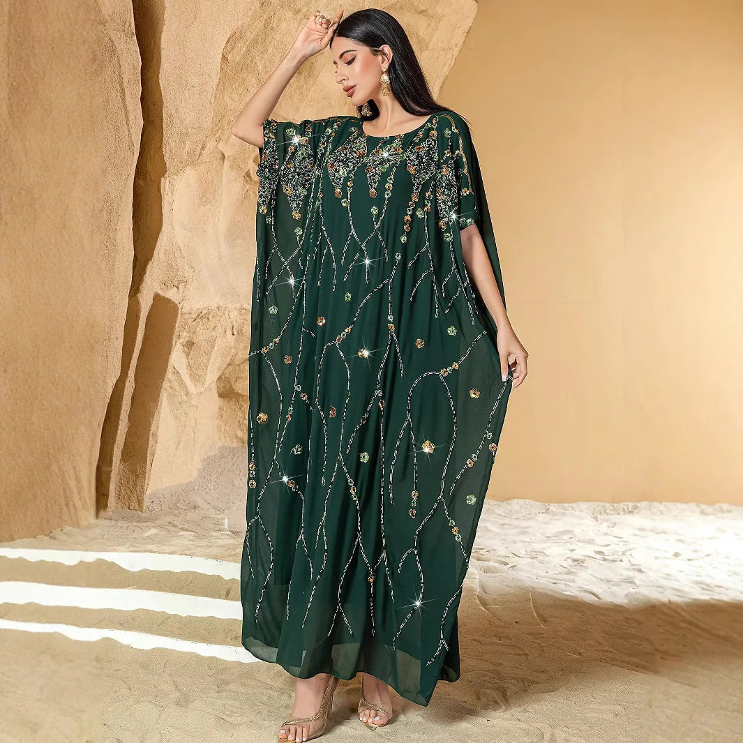 2025 Summer Eid Djellaba Morocco Sequins Embroidery Abayas Short Sleeve Dresses Jalabiya Dubai Turkey Kaftan Women Muslim Robes