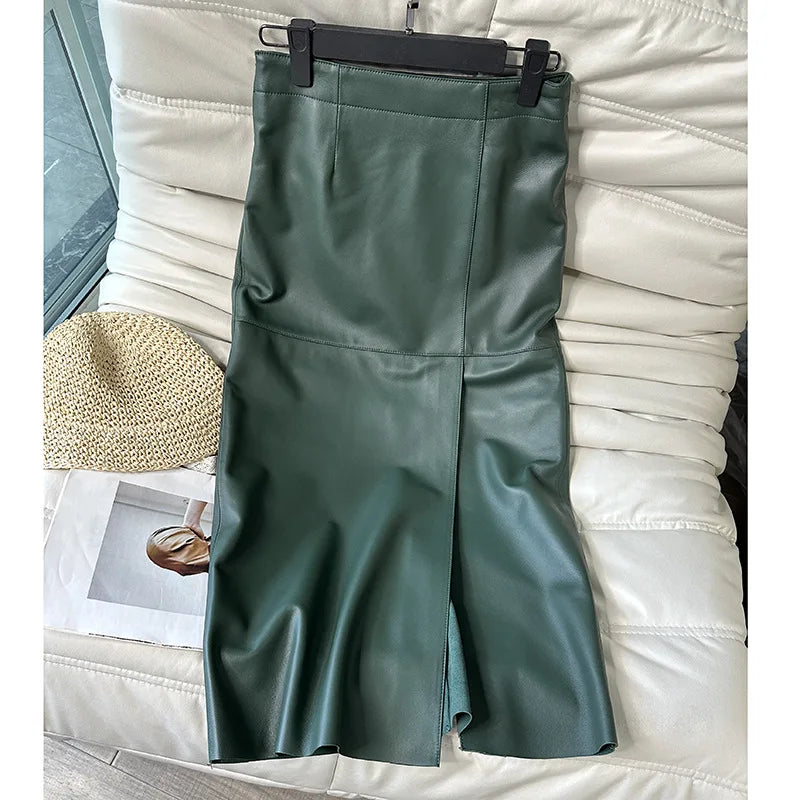 100% Real Leather Long Skirt Women 2024 New Fashion High Waist  Sexy Split Wrap Skirt Chic Ladies Sheepskin Pencil Skirts Luxury