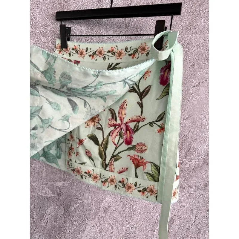 Green Floral Print Mini  Skirt 2025 and Dresses Skirt