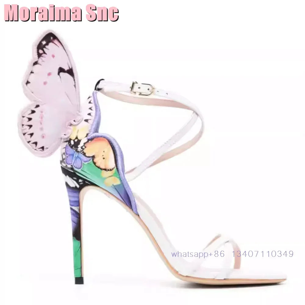 2025 New Back Butterfly Decor Wedding Shoes Bridal Sandals Stiletto High Heel Round Toe Ankle Buckle Bling Dress Shoes Banquet