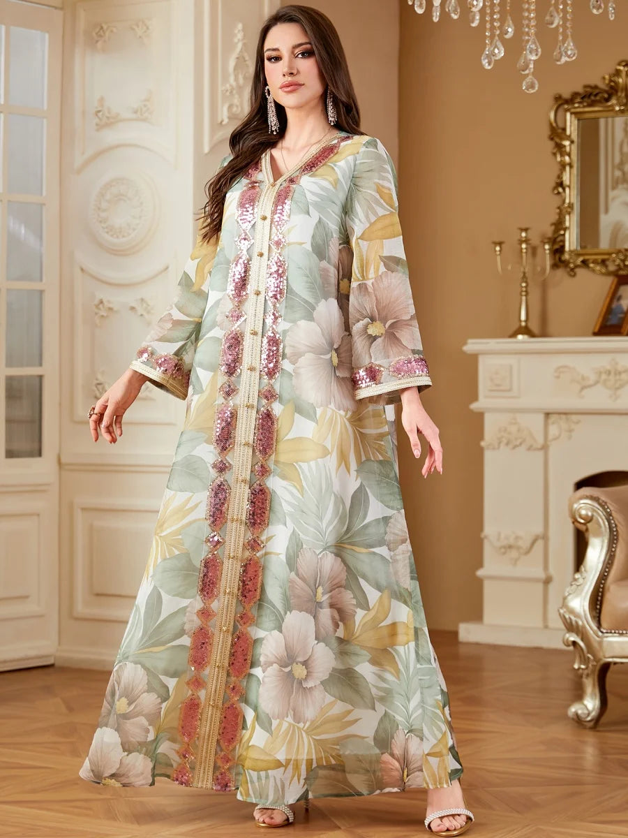Siskakia Muslim Elegant Women Evening Dress Sequins Patchwork Abaya V-Neck Floral Print Kaftan
