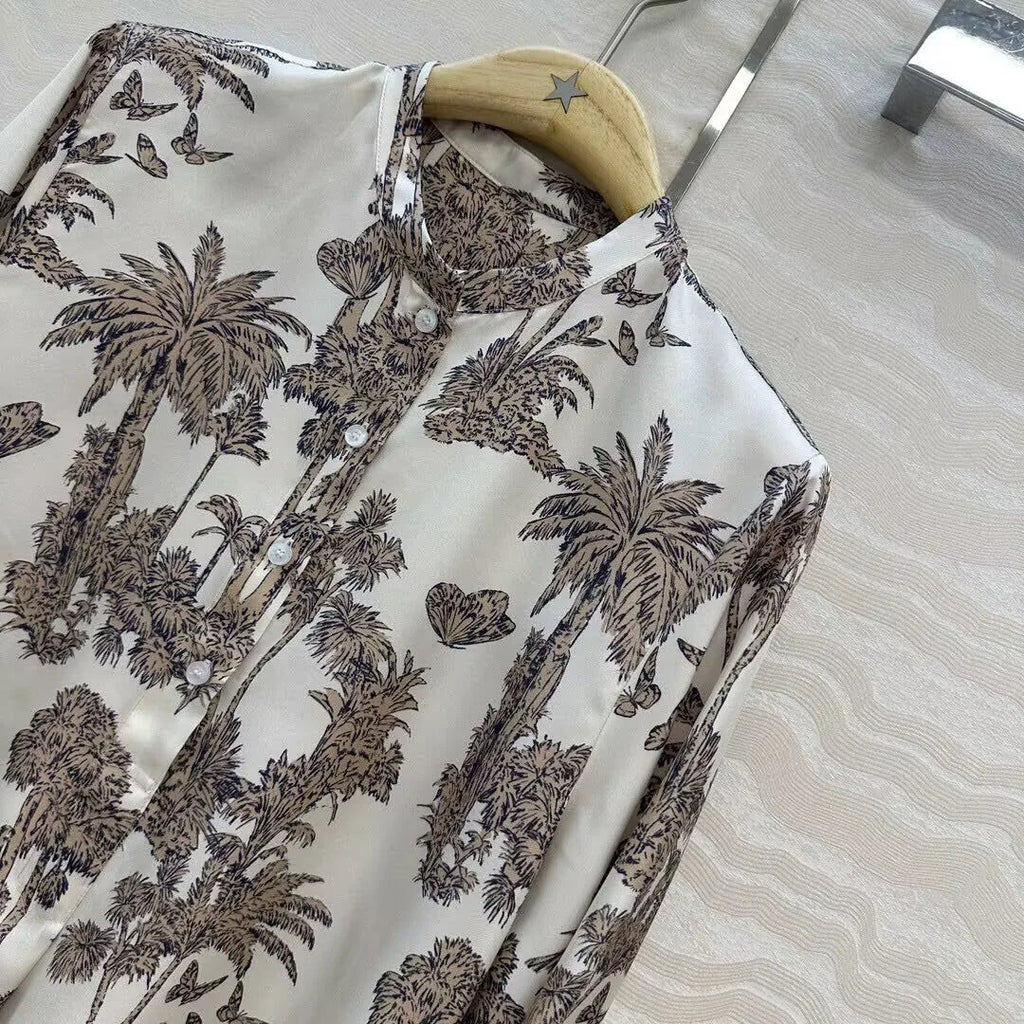 2025 New Autumn Vintage Coconut Tree Print Butterfly 100% Silk Long Shirt Women O-neck Long Sleeve Loose Casual Blouse Tops