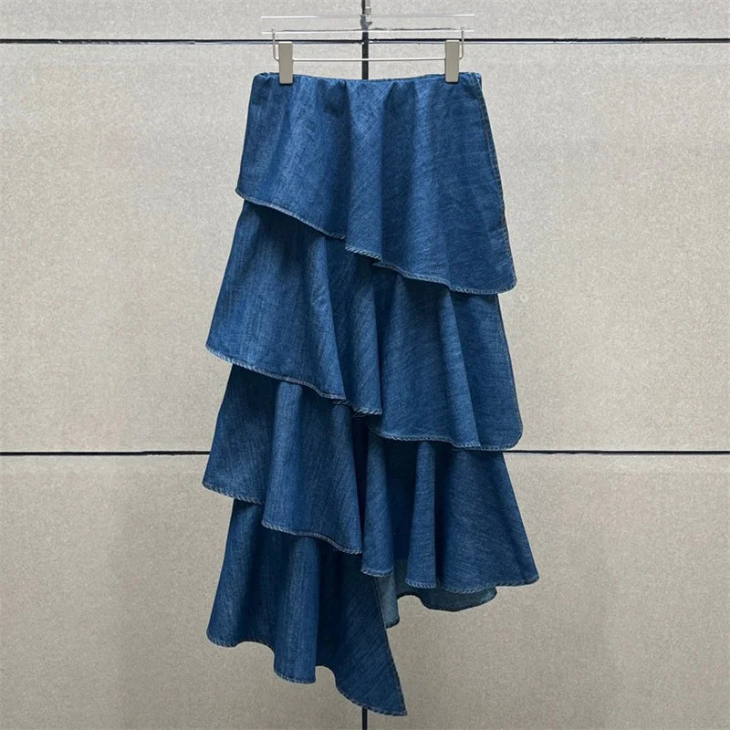 Women's skirt New asymmetrical spiral long skirt for autumn 2025 High waisted slim women's half skirt Cotton blend denim skirt