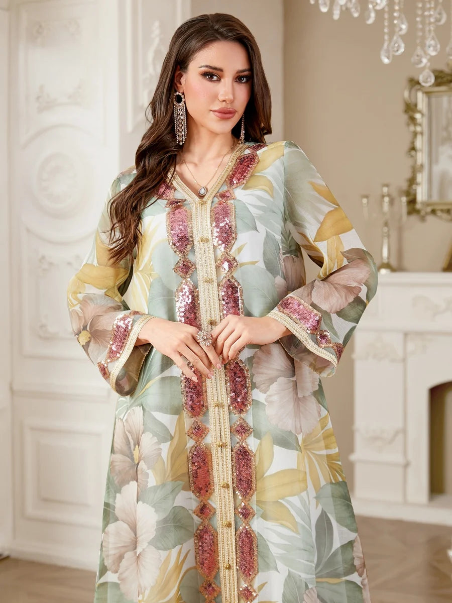 Siskakia Muslim Elegant Women Evening Dress Sequins Patchwork Abaya V-Neck Floral Print Kaftan