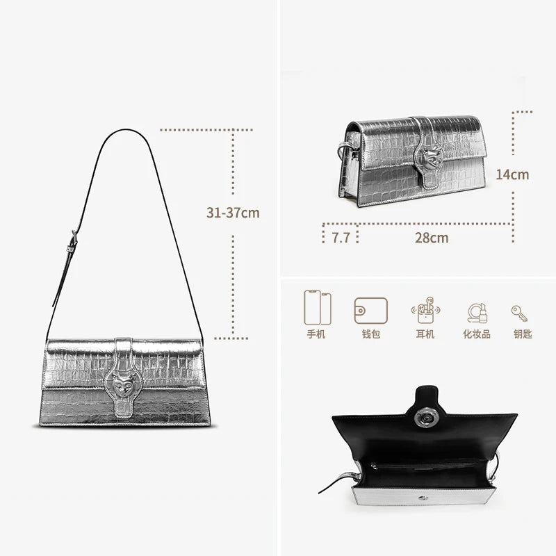 BAFELLI 2025 NEW WOMEN'S LUXURY BAGS CAT BRAND FASHION HANDBAG SILVER LEATHER CLUTCH STYLISH EVENING CASUAL PURSE HIGH QUALITY