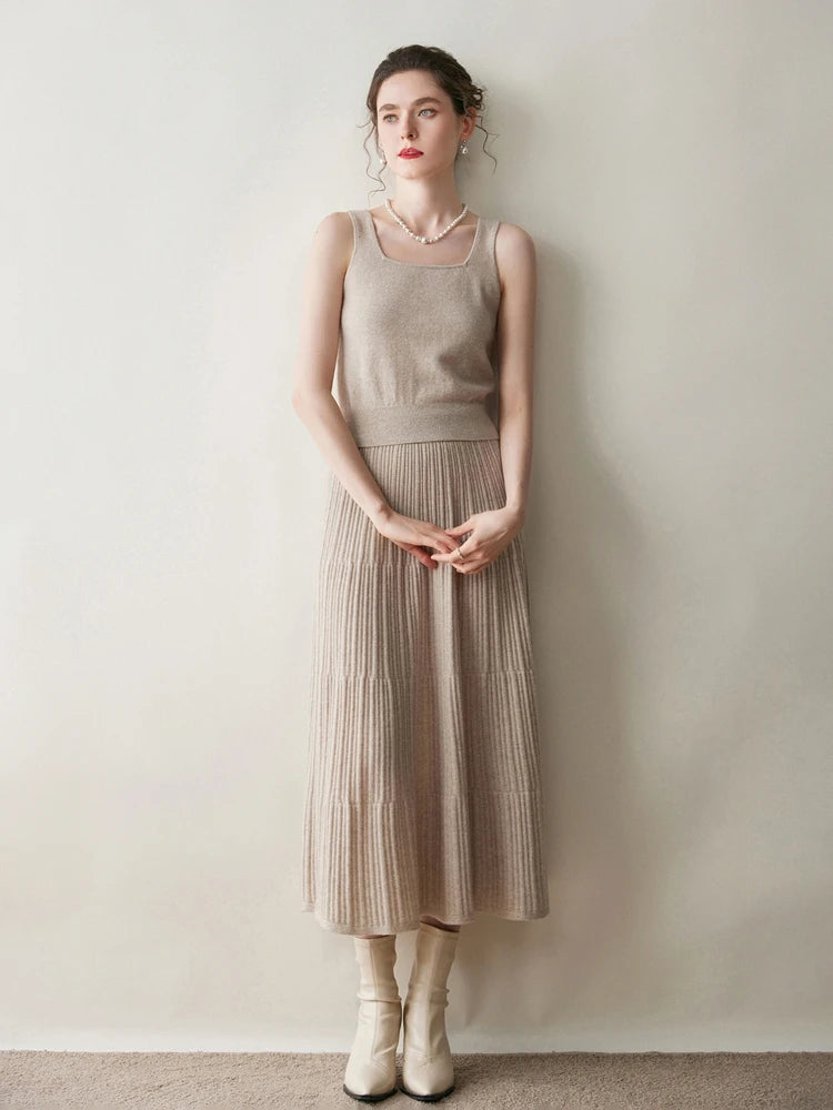 100% Cashmere Knitted Skirt Autumn Winter Women Elegant Tiered Pleats Slim A-line High Waisted Soild Office Lady Dress High-end